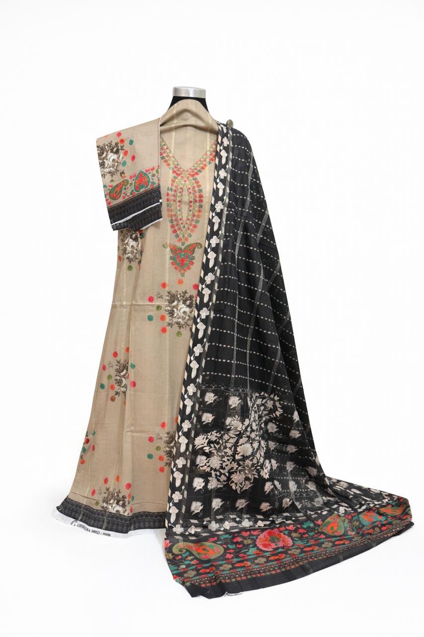 Beige Embroidered Salwar Kameez with Black Printed Dupatta - Image 2