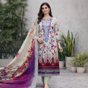 Printed Lawn Dress Set with Cotton Dupatta & Embroidered Neck