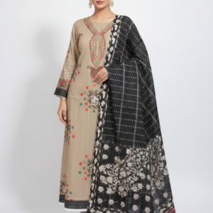 Beige Embroidered Salwar Kameez with Black Printed Dupatta