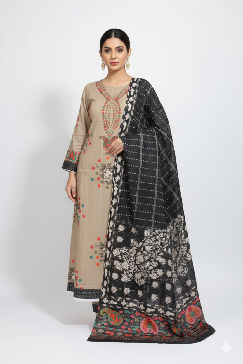 Beige Embroidered Salwar Kameez with Black Printed Dupatta