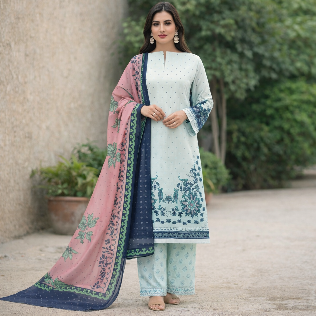 Printed Lawn Dress Set with Cotton Dupatta