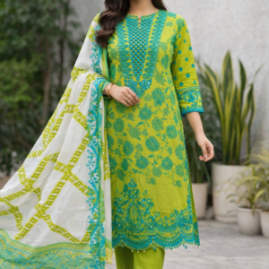 Digital Printed Kameez with Embroidered Lawn Panels & Cotton Dupatta
