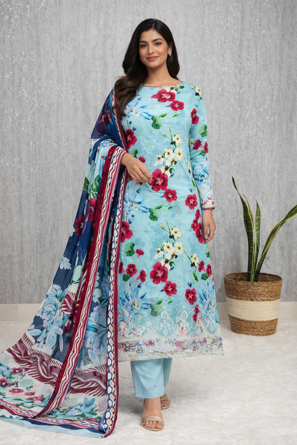 Embroidered Lawn Unstitched Suit with Cotton Dupatta