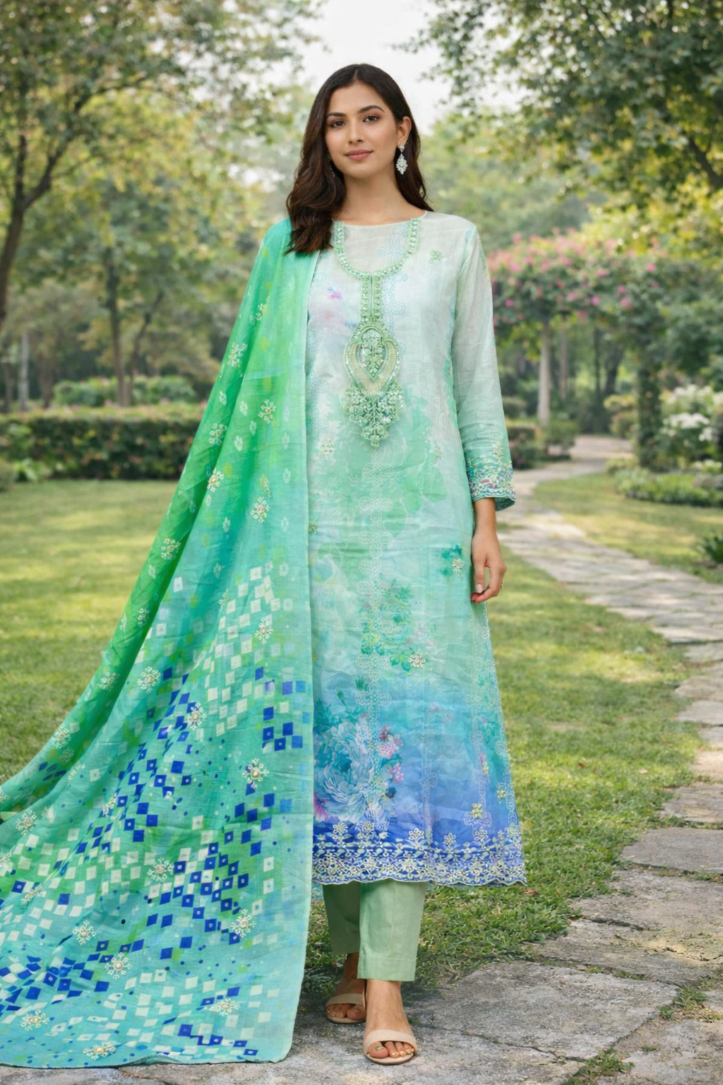 Printed Lawn Dress Set with Embroidered Neck Patch & Daman