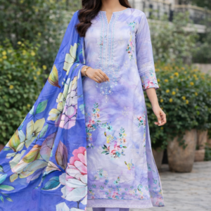 Printed Lawn Dress Set with Embroidered Neck & Cotton Dupatta