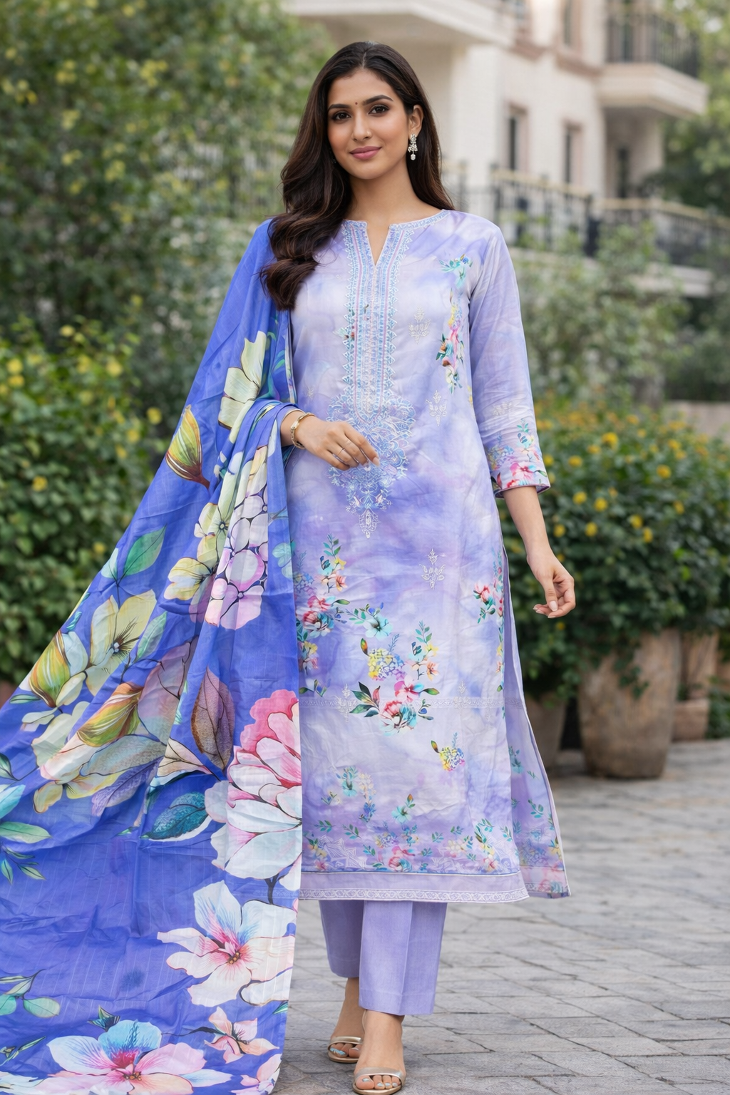 Printed Lawn Dress Set with Embroidered Neck & Cotton Dupatta