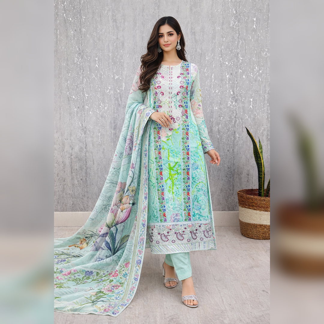 Printed Lawn Dress Set with Embroidered Neck & Daman Panel and Jorjet Dupatta - Image 2