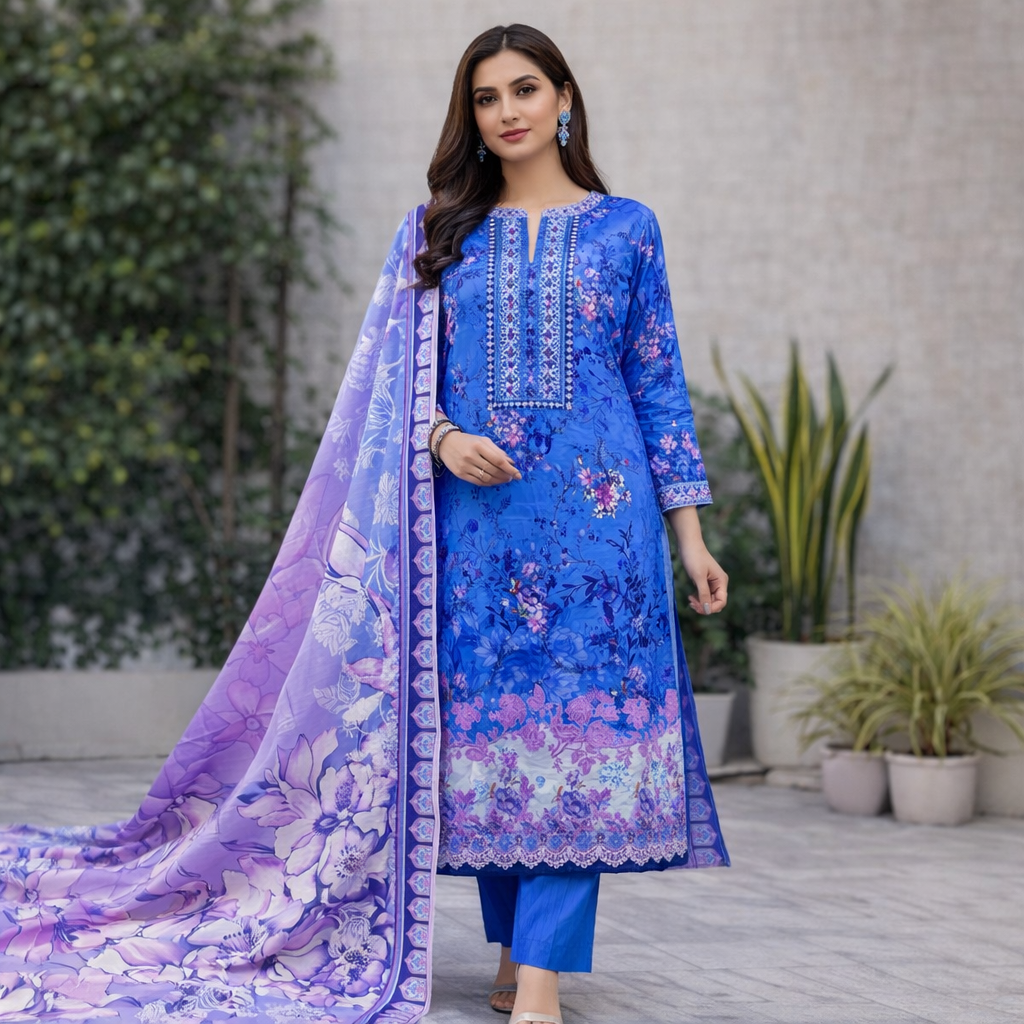 Printed Lawn Dress Set with Embroidered Neck & Daman Panel