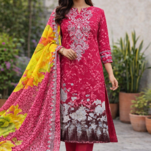 Printed Lawn Dress Set with Embroidered Neck & Cotton Dupatta