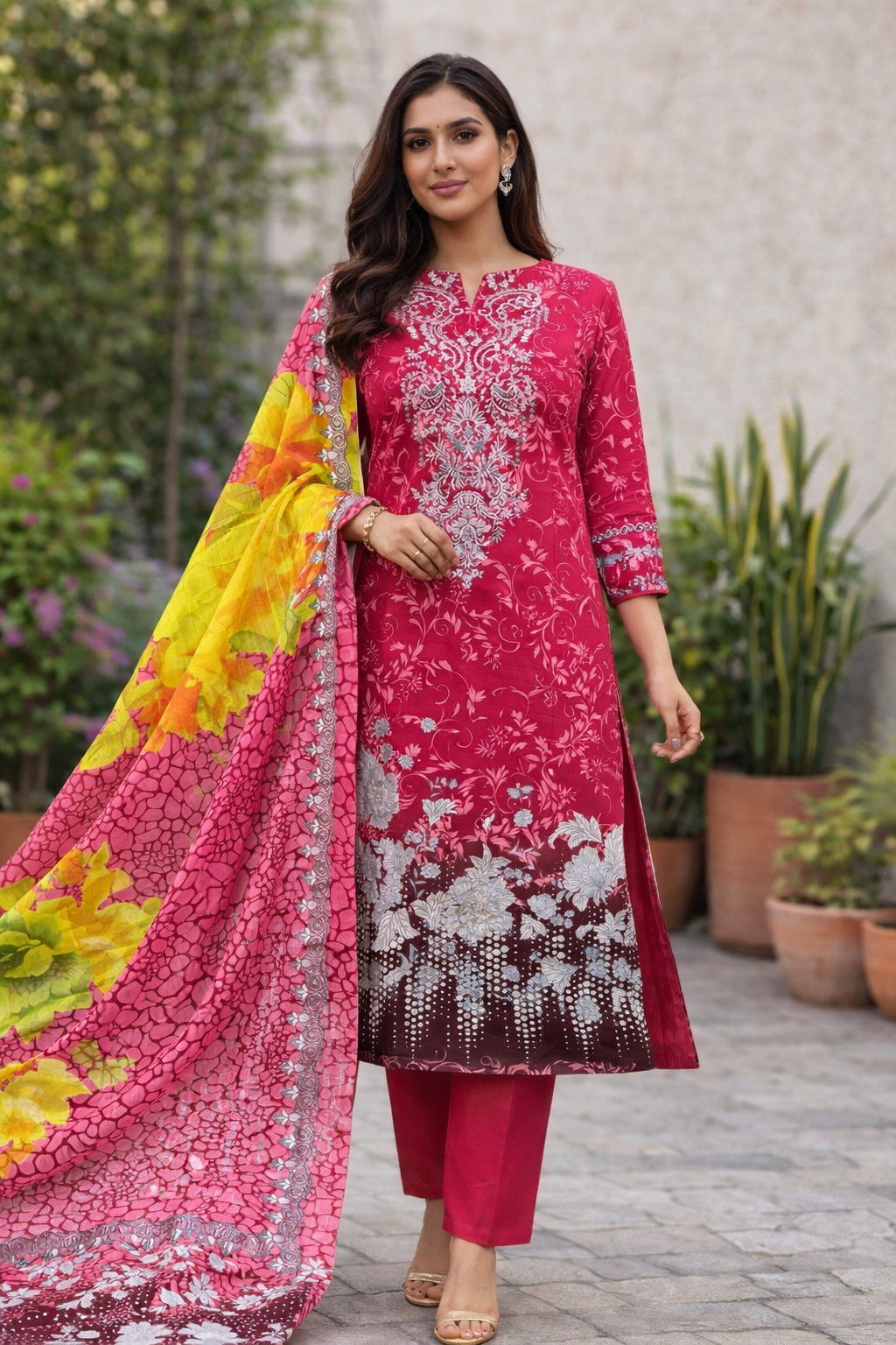 Printed Lawn Dress Set with Embroidered Neck & Cotton Dupatta