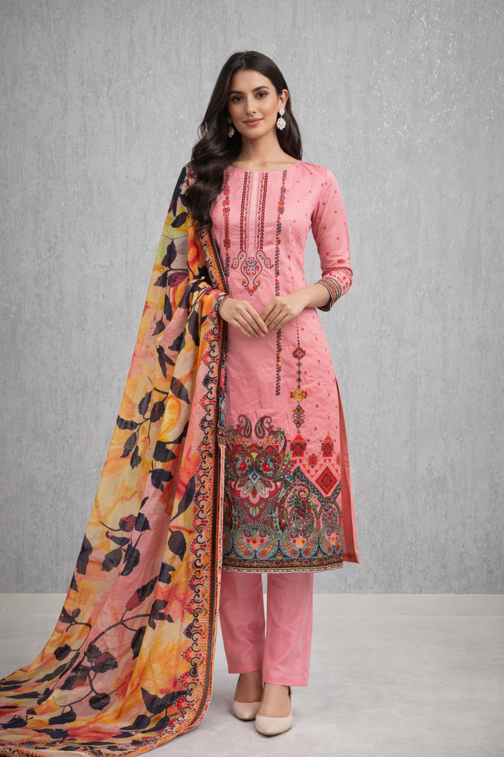Printed Lawn Dress Set with Embroidered Neck & Cotton Dupatta