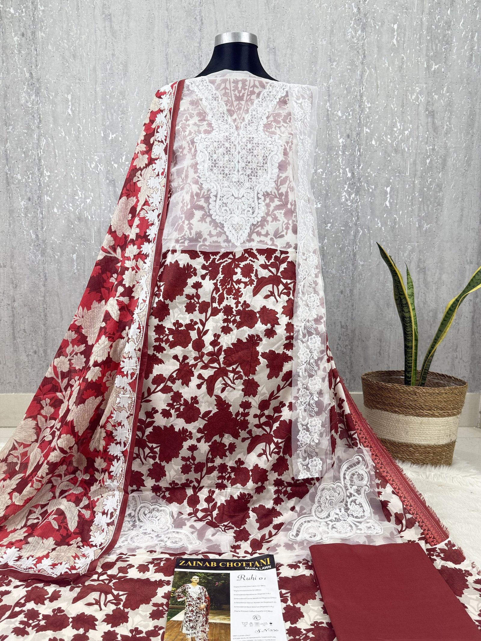 Digital Printed Cotton Suit with Organza Embroidered Details - Image 2