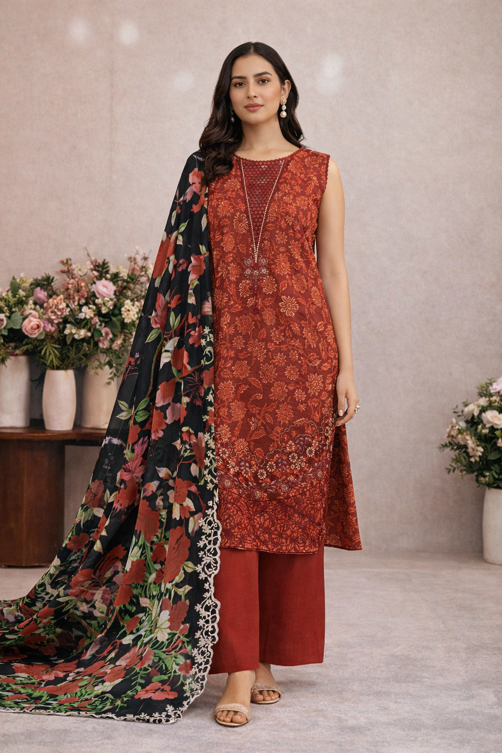 Printed Lawn Suit with Cotton Dupatta & Embroidered Neck & Daman