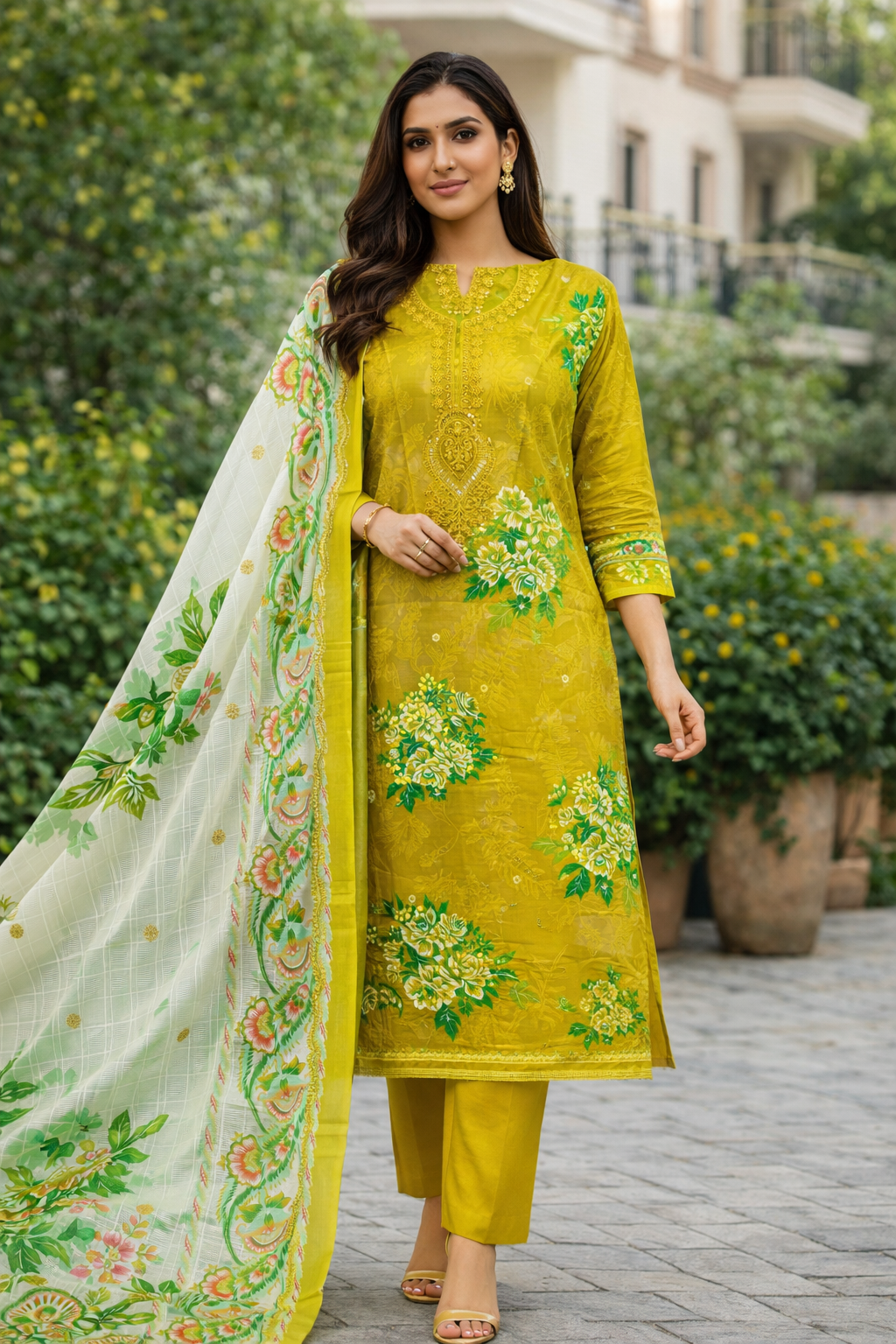 Digital Printed Lawn Suit with Organza Sequin Embroidery & Cotton Dupatta