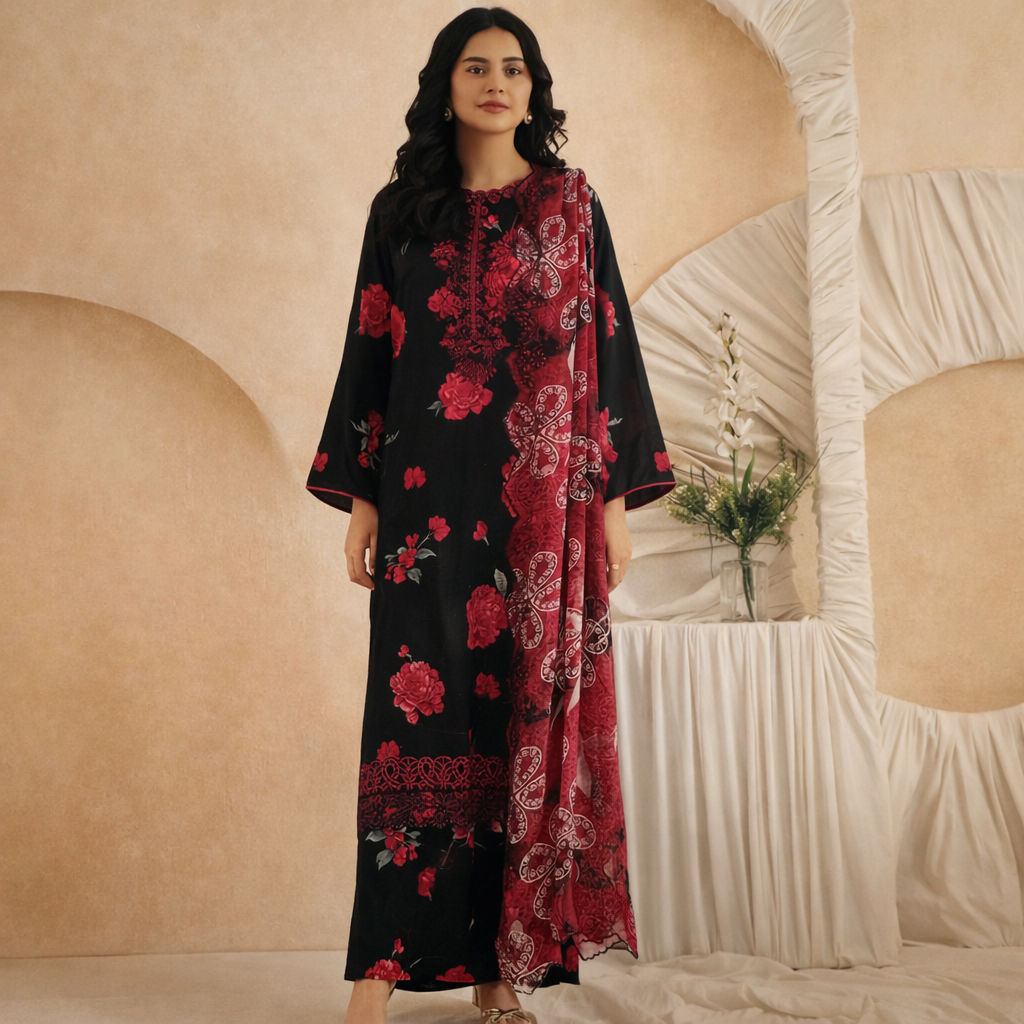 Digital Printed Lawn Suit with Organza Sequin Embroidery & Chiffon Dupatta