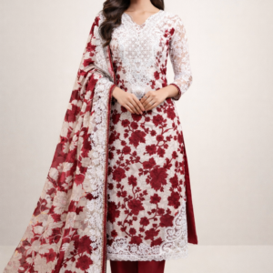 Digital Printed Cotton Suit with Organza Embroidered Details