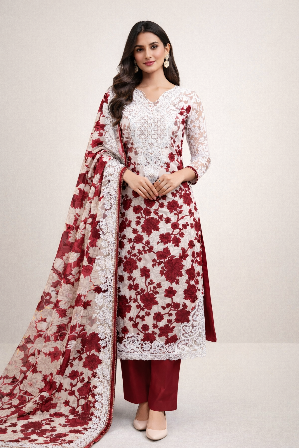 Digital Printed Cotton Suit with Organza Embroidered Details