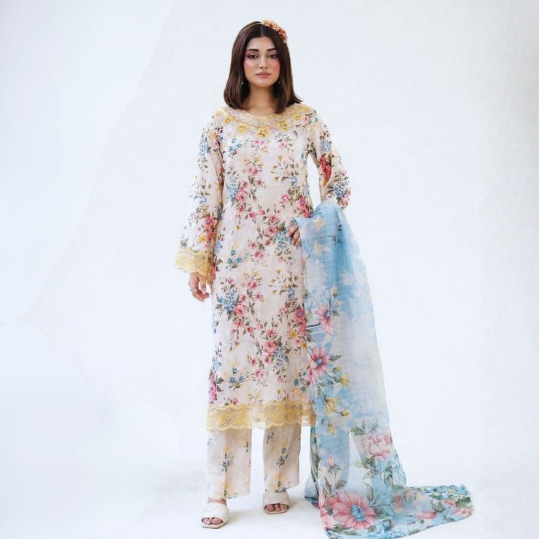 Adan Libas Inspired Unstitched 3-Piece Lawn Suit with Neck Embroidery & Sequin Work - Image 2