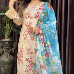 Adan Libas Inspired Unstitched 3-Piece Lawn Suit with Neck Embroidery & Sequin Work