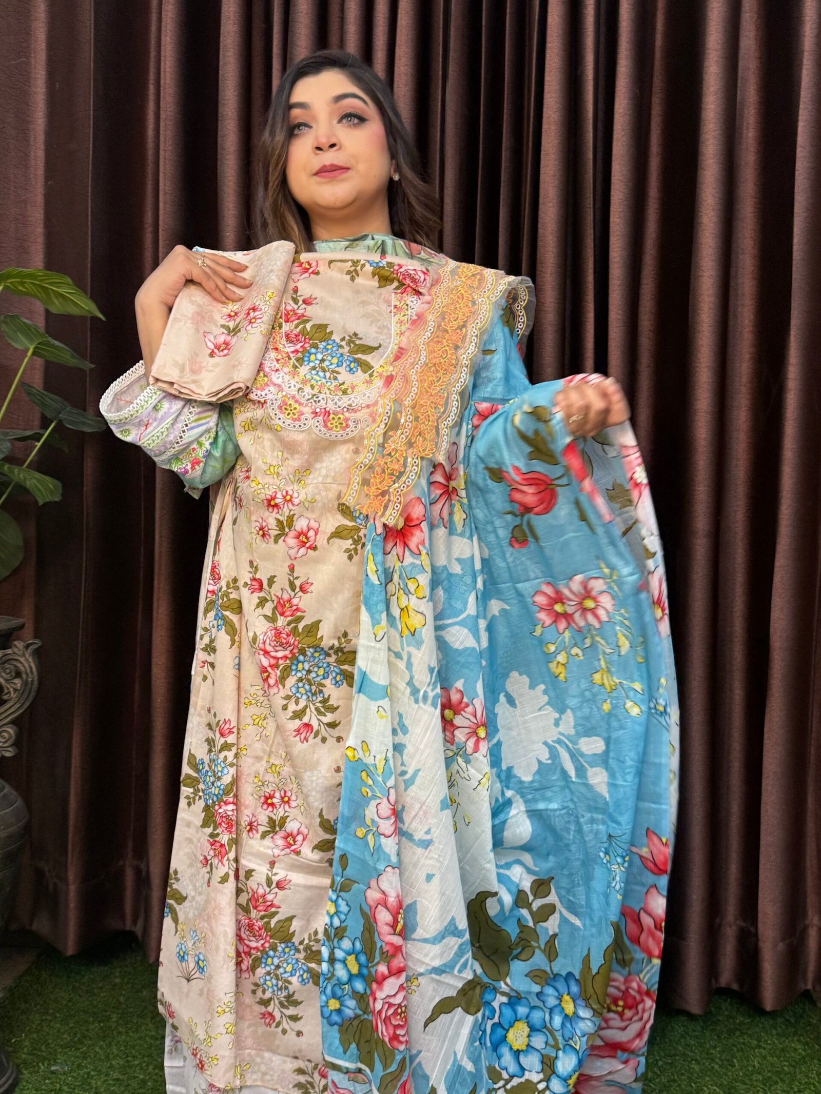 Adan Libas Inspired Unstitched 3-Piece Lawn Suit with Neck Embroidery & Sequin Work