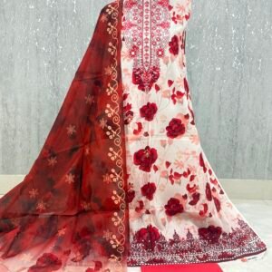 Premium Zam Zam Printed Unstitched 3 Piece Off White, Red & Rust Brown