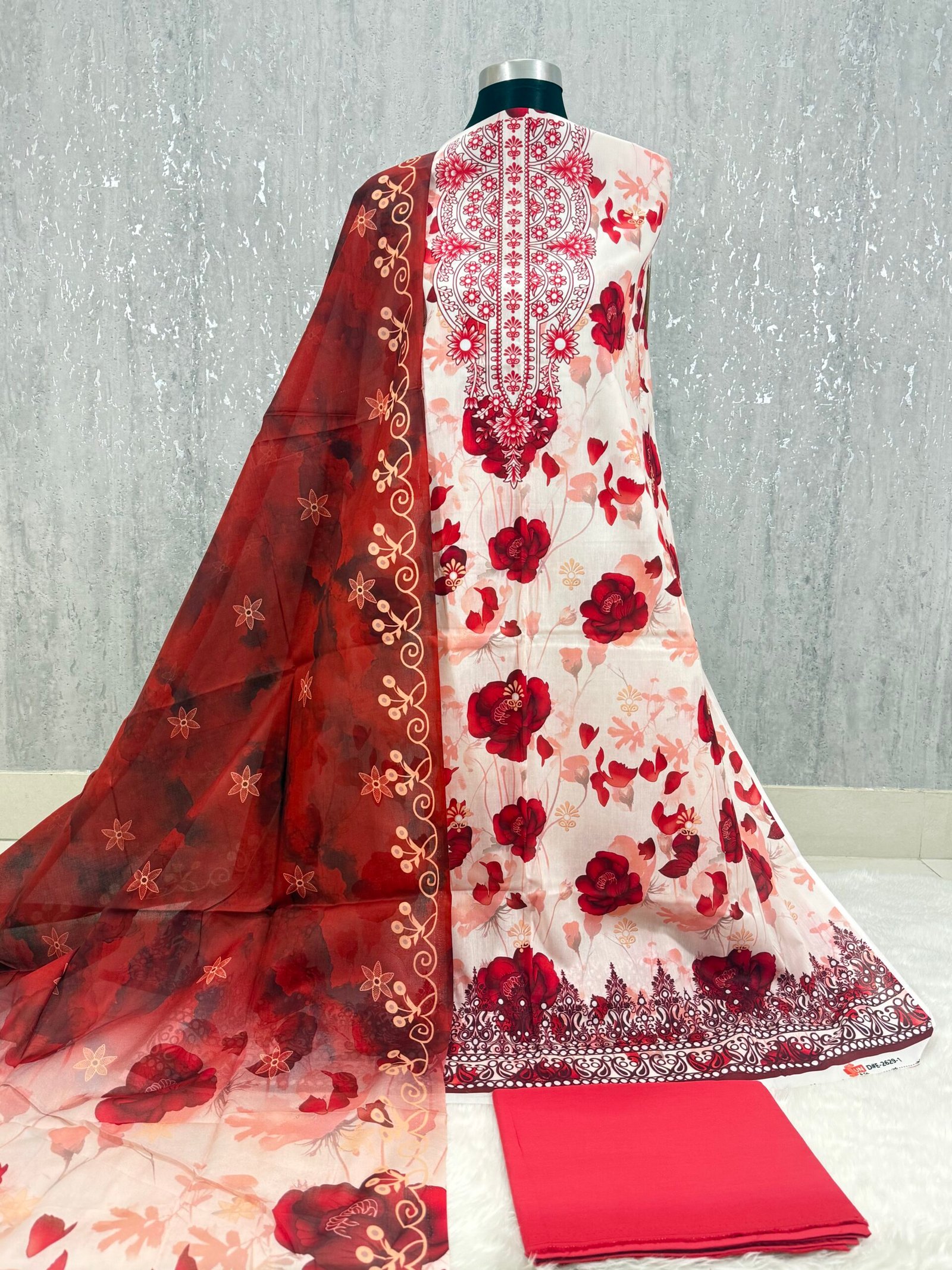 Premium Zam Zam Printed Unstitched 3 Piece Off White, Red & Rust Brown