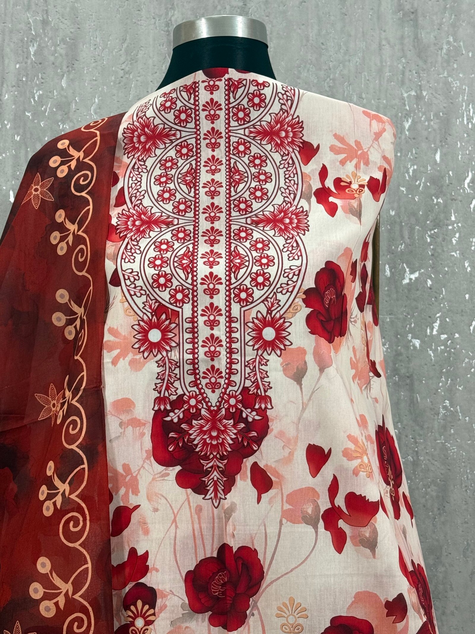 Premium Zam Zam Printed Unstitched 3 Piece Off White, Red & Rust Brown - Image 2